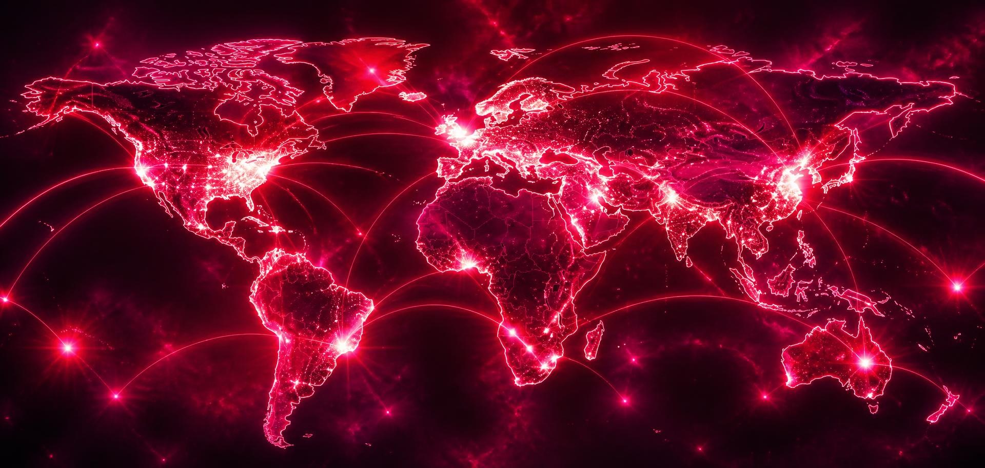 Glowing map of the world with lines connecting cities across continents