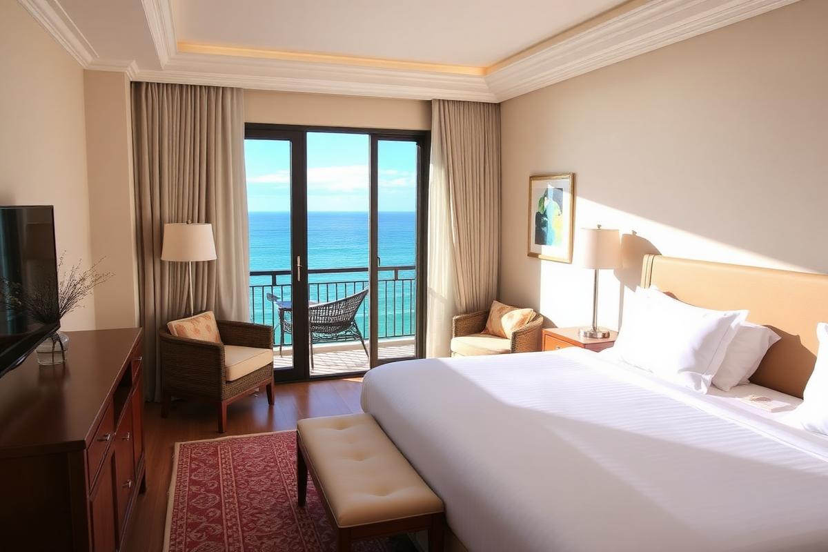 Bright boutique hotel room with a balcony overlooking the ocean
