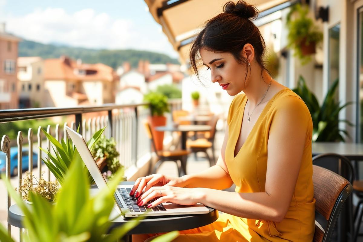 Woman working on a laptop at a sunny cafe terrace abroad