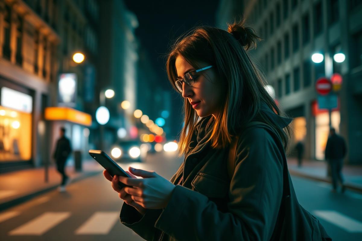 Woman checking her phone on a well-lit city street at night