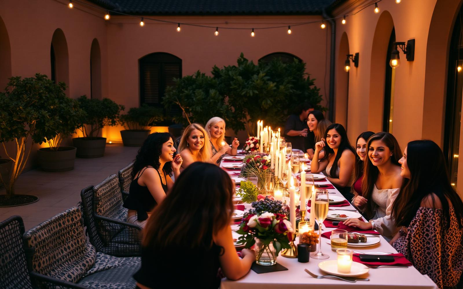 Women friends laughing around a long candlelit table in a courtyard abroad
